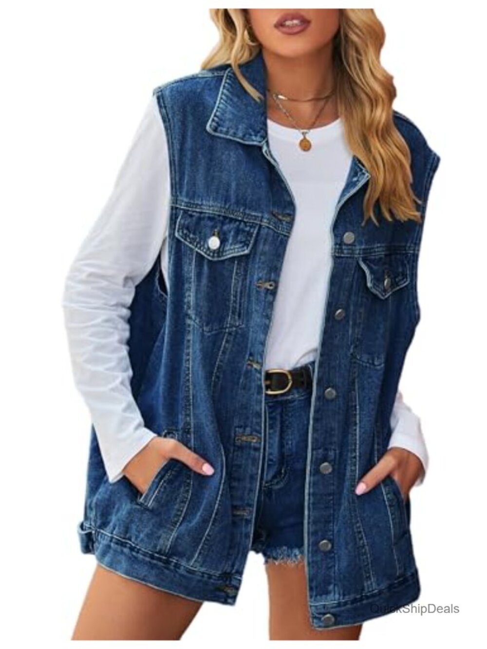 Oversized Women's Denim Vest, Button Down, Sleeveless, Washed Mid Long, Casual